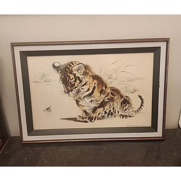 Lion Cub & Bee 23.5x15.5 Watercolour Watercolor‎ by Ralph Thompson Frame 30"x21" - Picture 1 of 15